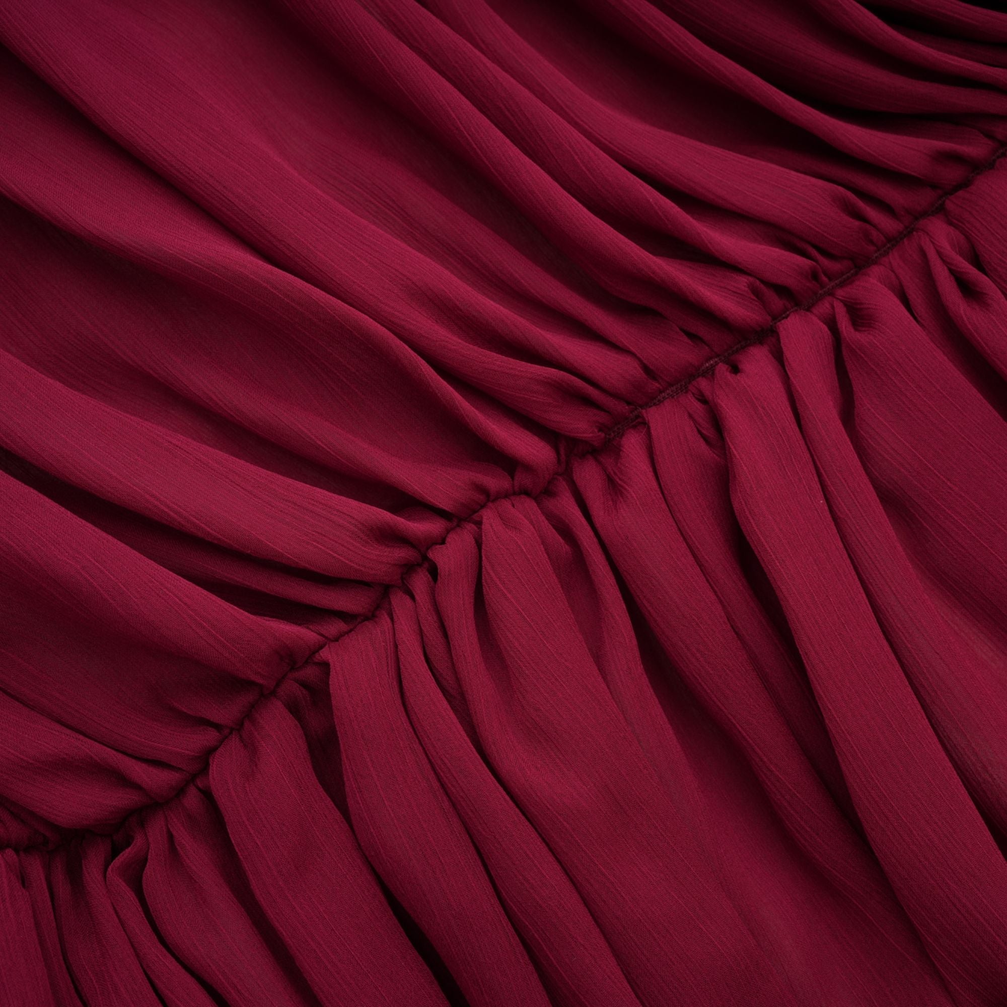Théa Asymmetrical Ruched Mini Dress Mock Neck Long Sleeve Detail Burgundy