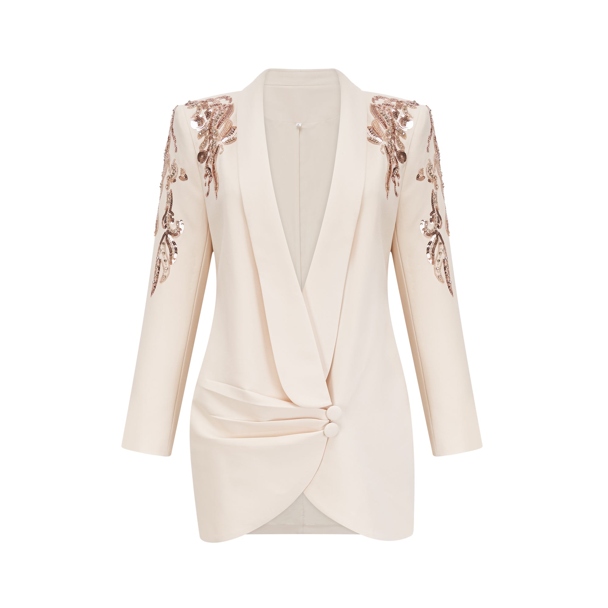 Éléna Embellished Sequined Blazer Dress Plunging V-Neck Long Sleeve Wrap Detail Neutrals