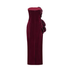 Azura Floral Appliqué Maxi Dress Off-Shoulder Long Sleeve Detail Red
