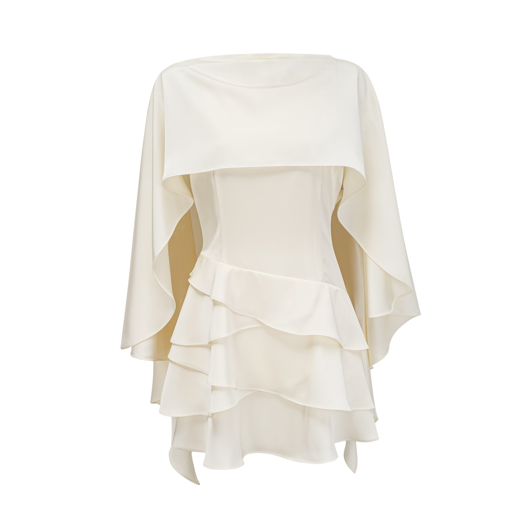 Lyna White Satin Ruffled Mini Dress Sleeveless Shawl Panel Detail