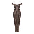 Marise Draped Satin Maxi Dress Off-Shoulder Lace-Up Detail Brown