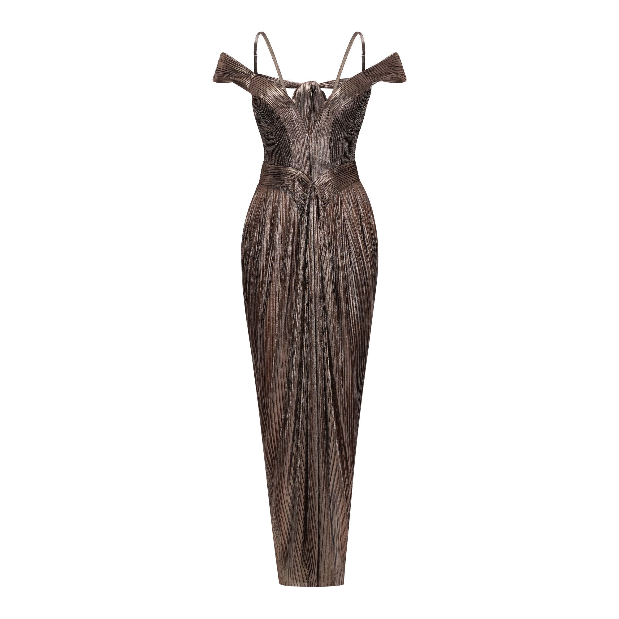 Marise Draped Satin Maxi Dress Off-Shoulder Lace-Up Detail Brown