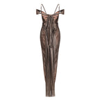 Marise Draped Satin Maxi Dress Off-Shoulder Lace-Up Detail Brown