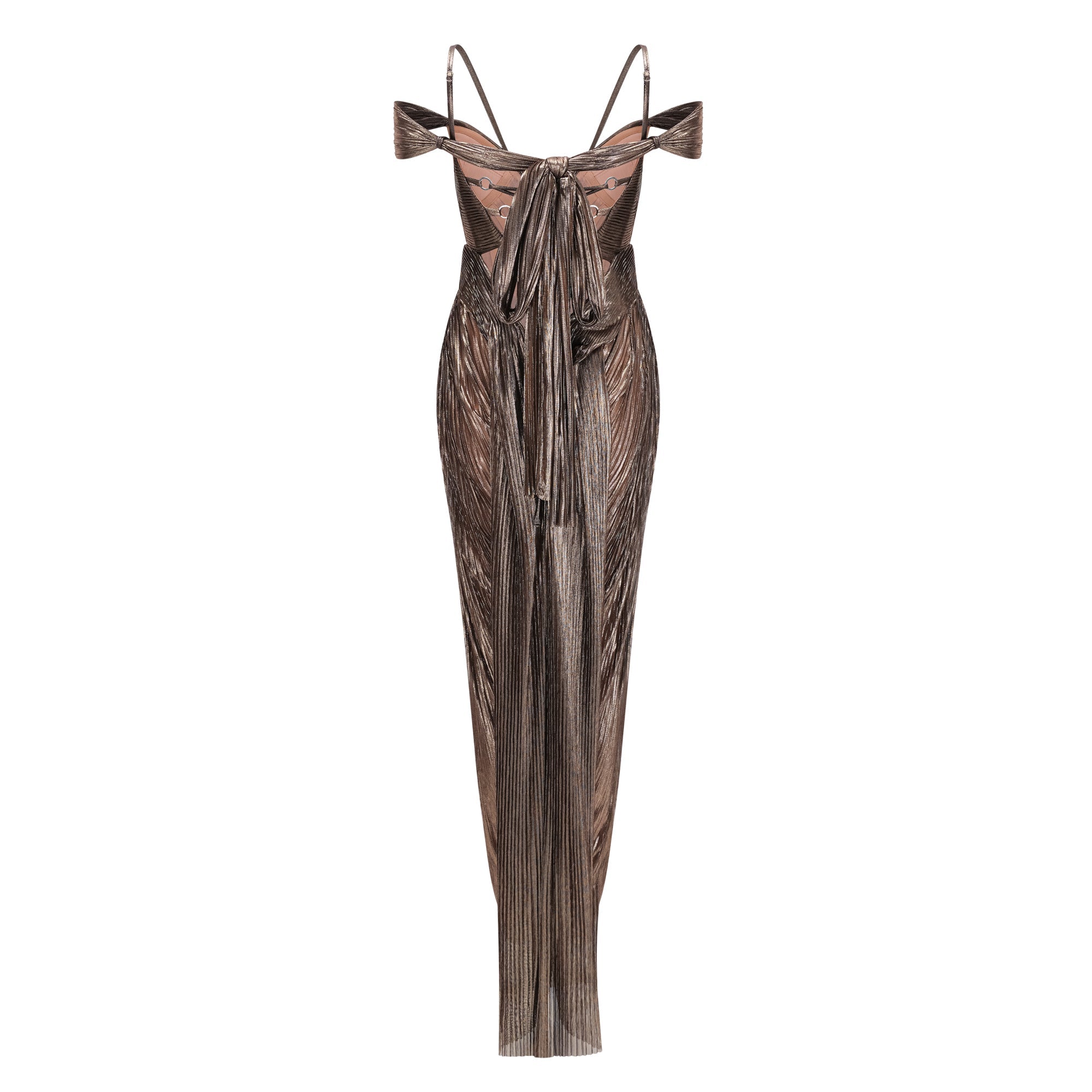 Marise Draped Satin Maxi Dress Off-Shoulder Lace-Up Detail Brown