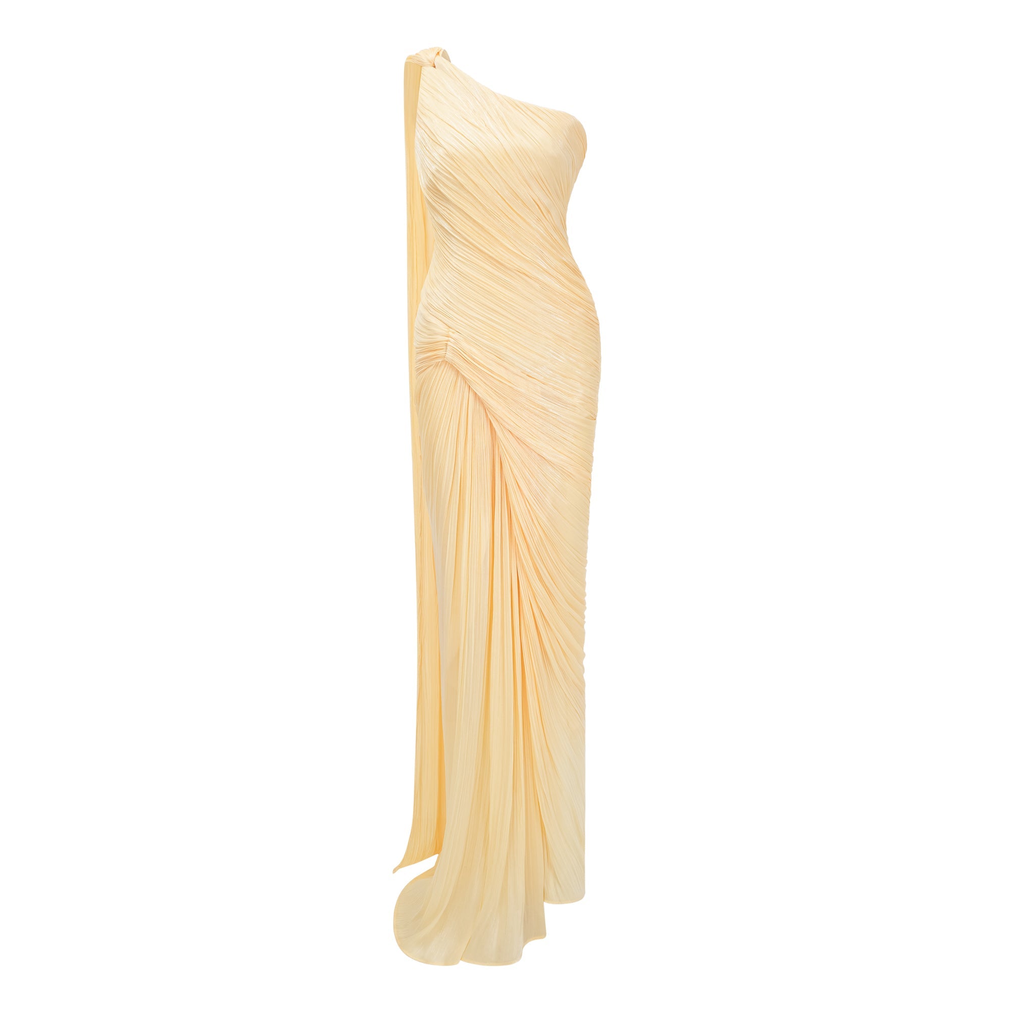 Meissa Asymmetrical Ruched Maxi Dress Sleeveless Ribbon Design Detail Yellow