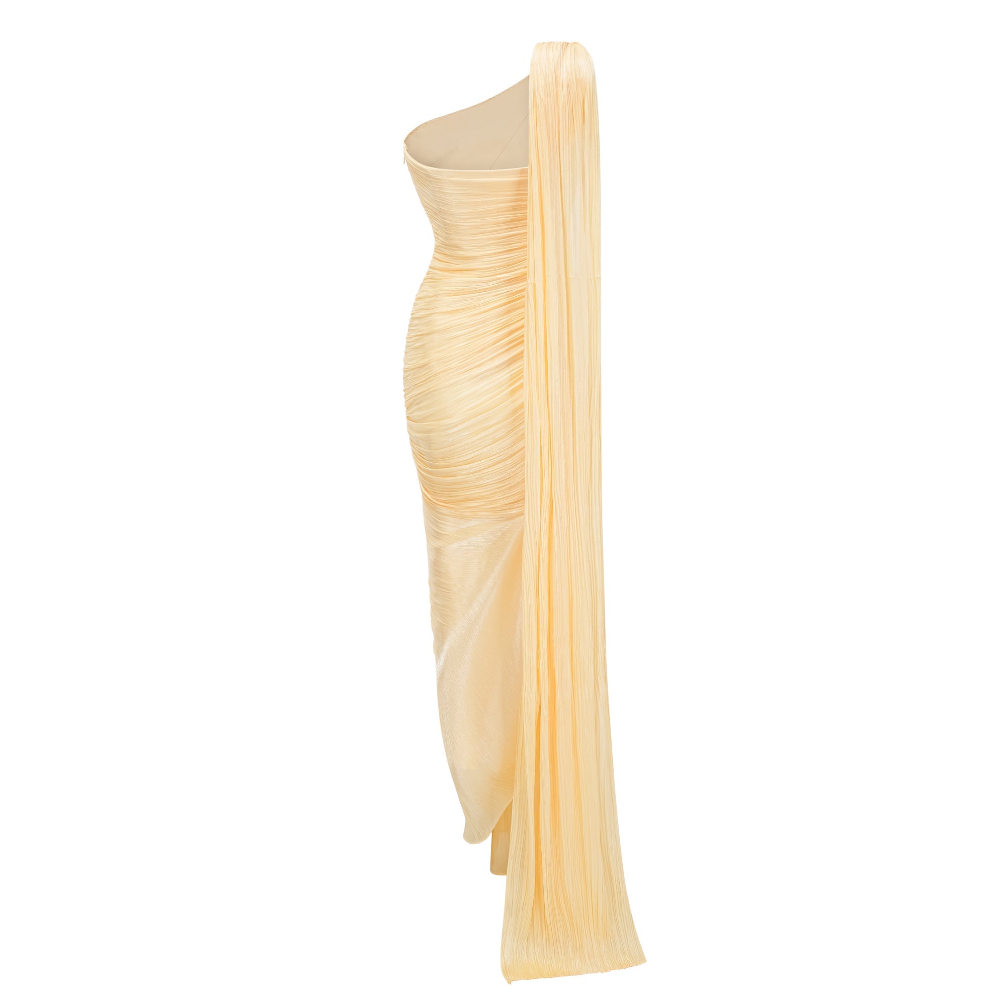 Meissa Asymmetrical Ruched Maxi Dress Sleeveless Ribbon Design Detail Yellow