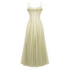 Matcha Ruffled Shirred Tulle Maxi Dress Sleeveless Smocked Panel Detail Green