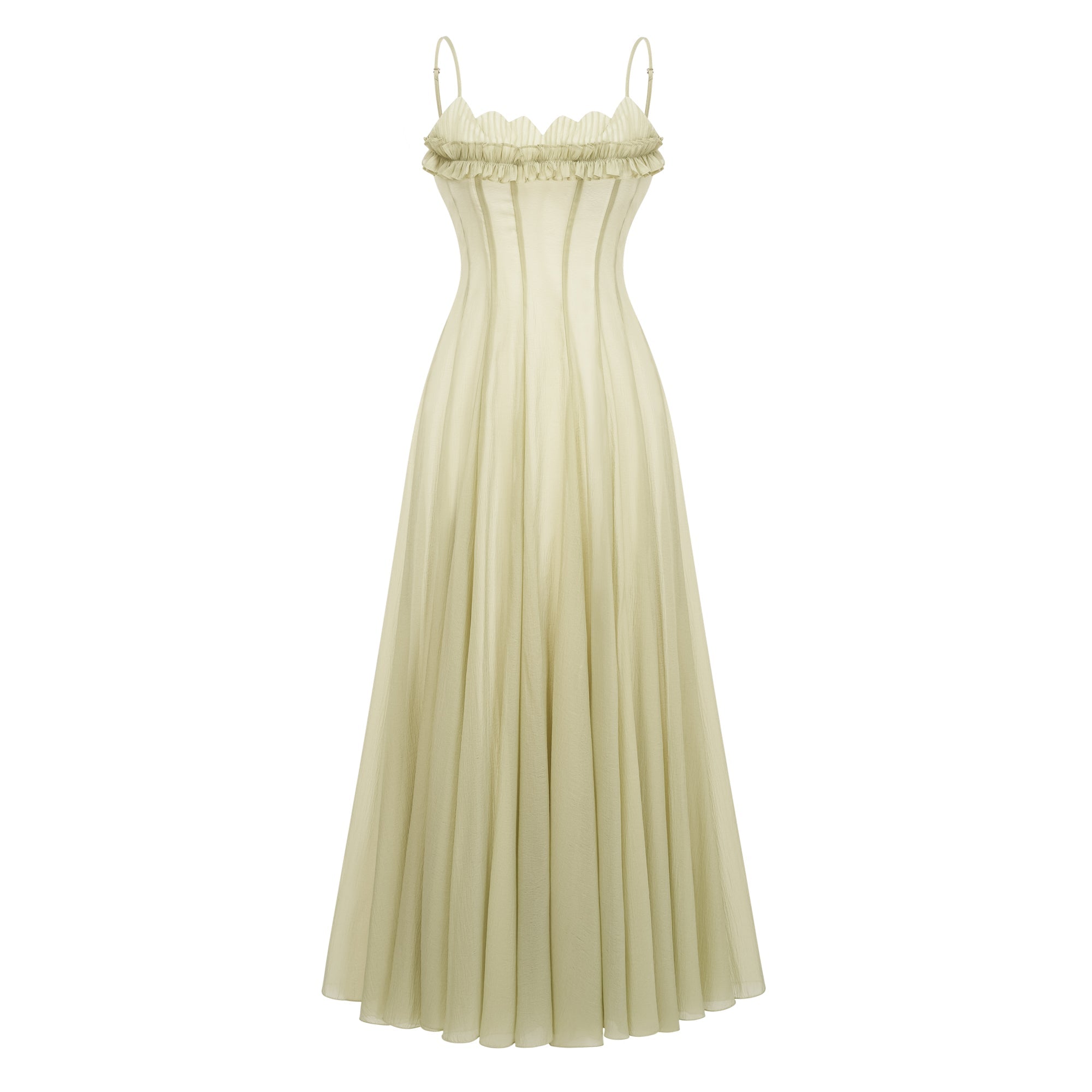 Matcha Ruffled Shirred Tulle Maxi Dress Sleeveless Smocked Panel Detail Green