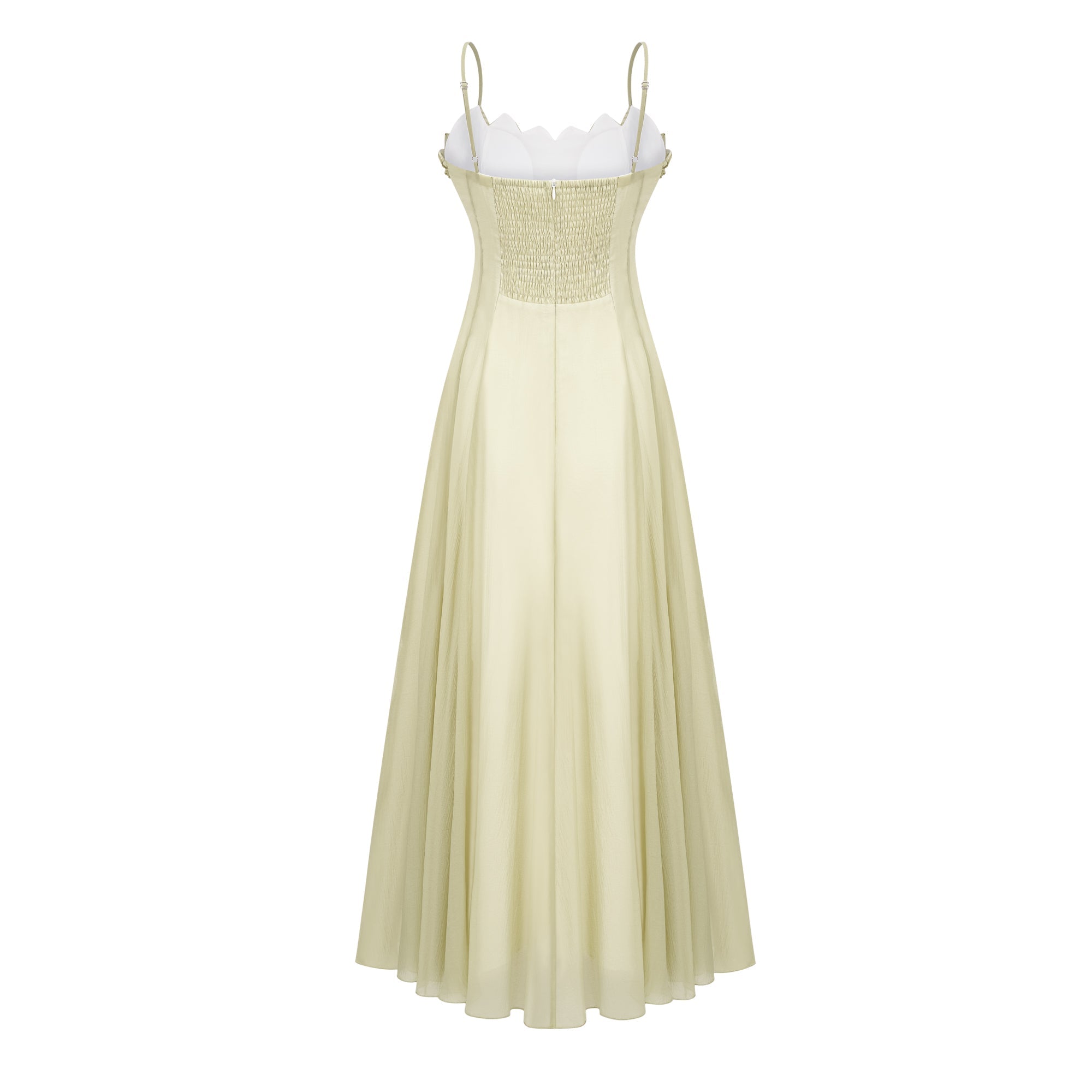 Matcha Ruffled Shirred Tulle Maxi Dress Sleeveless Smocked Panel Detail Green