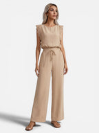 Women's Relaxed Sleeveless Top Wide-Leg Trouser Set Two-Piece Beige