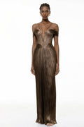 Marise Draped Satin Maxi Dress Off-Shoulder Lace-Up Detail Brown