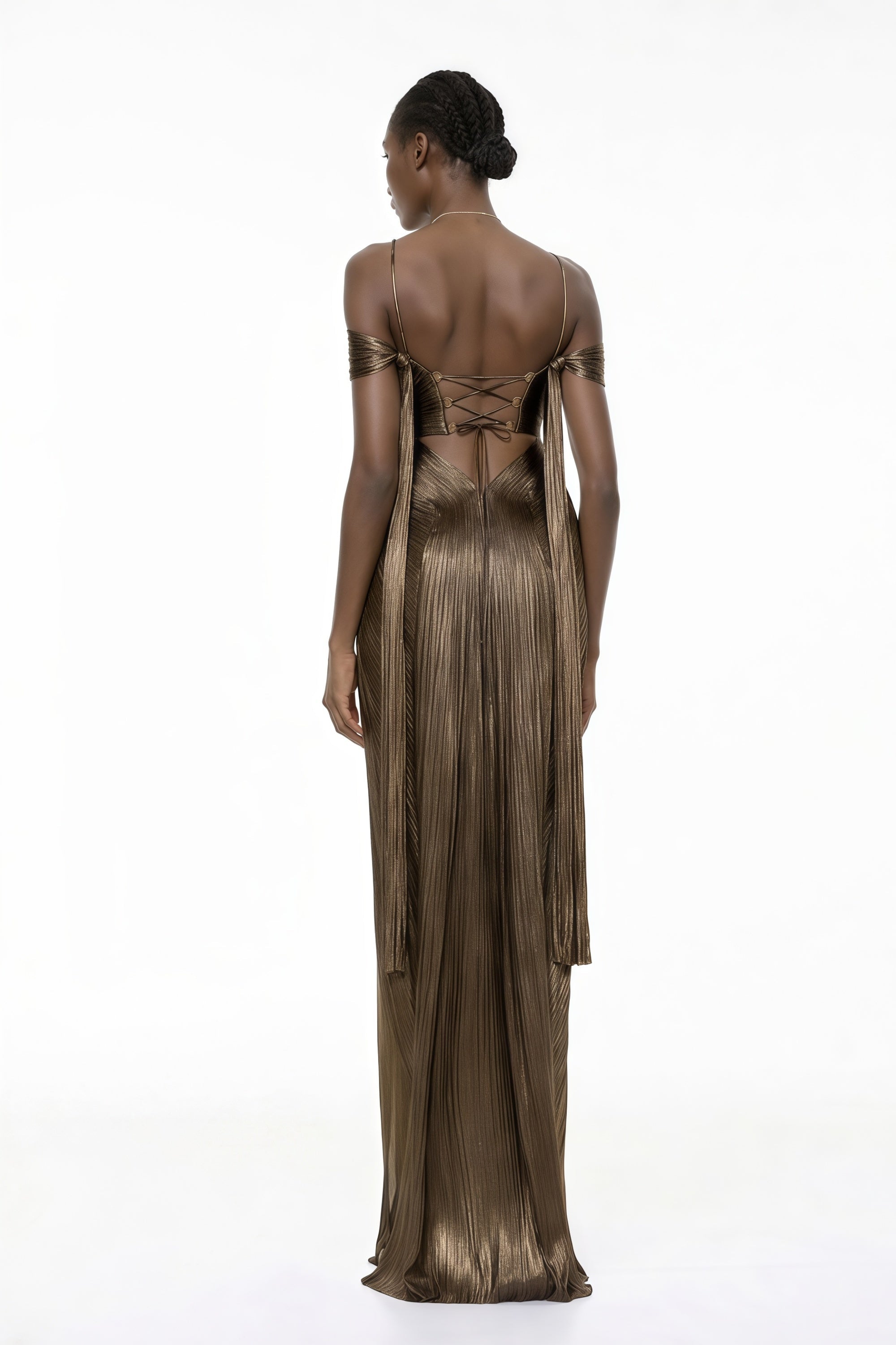 Marise Draped Satin Maxi Dress Off-Shoulder Lace-Up Detail Brown