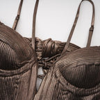 Marise Draped Satin Maxi Dress Off-Shoulder Lace-Up Detail Brown