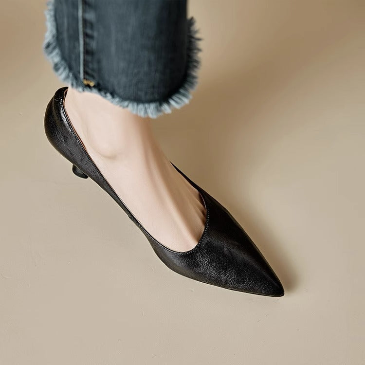 Women's Leather Kitten Heels Pointed Toe Slip-On