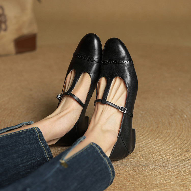 Women's Leather Brogue Flats T-Strap Buckle Lace-Up