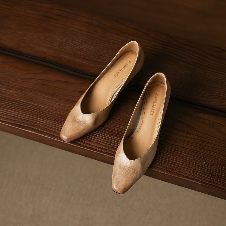 Women's Leather Pumps Sculpted Toe Block Heel Slip-On