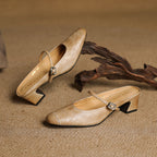 Women's Leather Mary Jane Mules Block Heel Buckled Strap