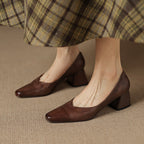 Women's Leather Pumps Sculpted Toe Block Heel Slip-On