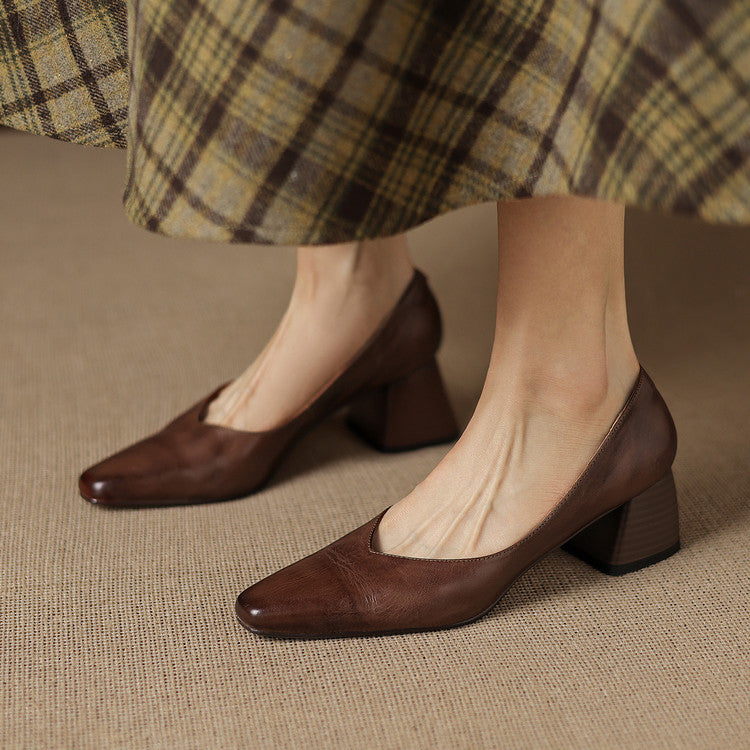 Women's Leather Pumps Sculpted Toe Block Heel Slip-On