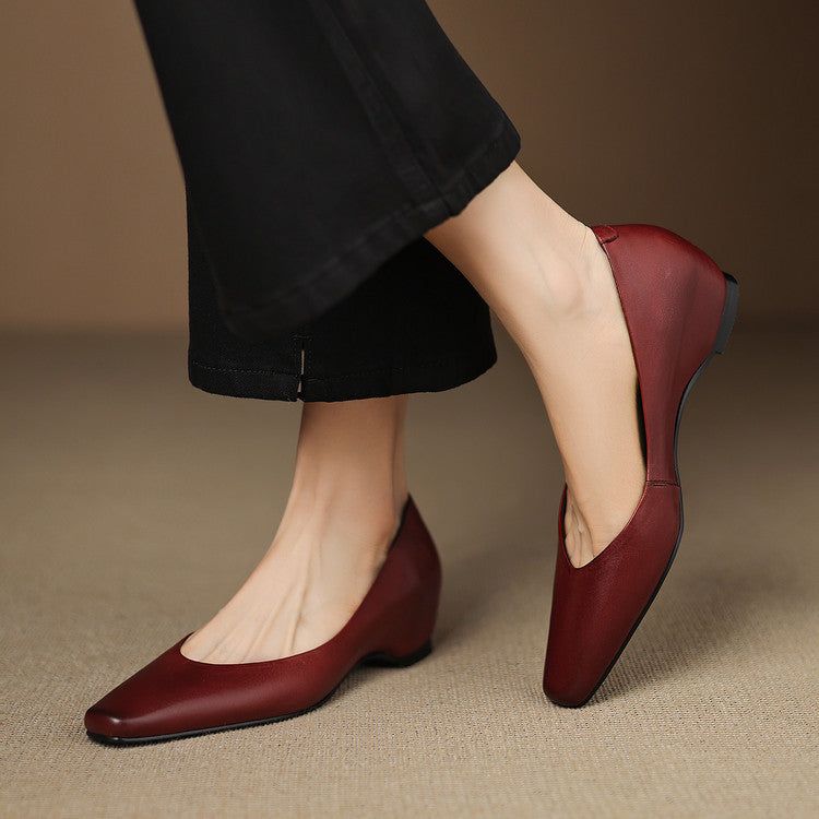 Women's Leather Flats Almond Toe Hidden Wedge Slip-On