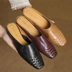 Women's Woven Leather Mules Square Toe Slip-On
