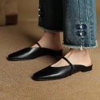 Women's Leather Mary Jane Mules Square Toe Buckled Strap