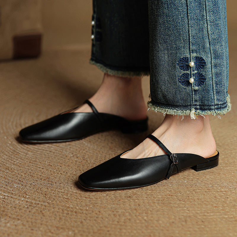 Women's Leather Mary Jane Mules Square Toe Buckled Strap
