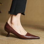 Women's Leather Kitten Heels Pointed Toe Slip-On