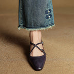 Women's Leather Ballet Flats Almond Toe Cross-Strap Wedge