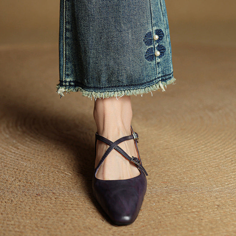 Women's Leather Ballet Flats Almond Toe Cross-Strap Wedge