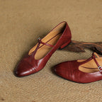 Women's Leather Brogue Flats T-Strap Buckle Lace-Up