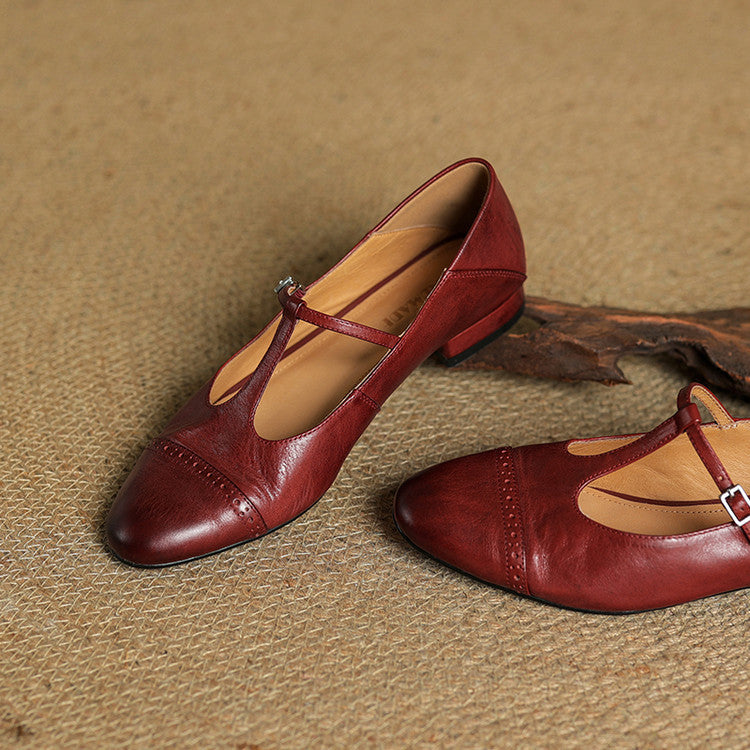 Women's Leather Brogue Flats T-Strap Buckle Lace-Up