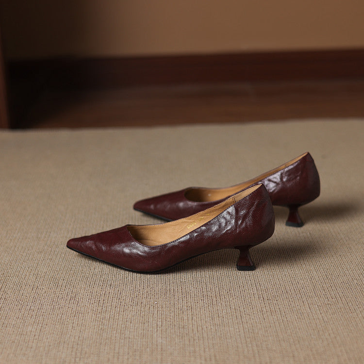Women's Leather Kitten Heels Pointed Toe Slip-On
