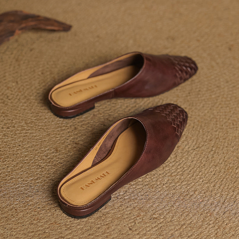 Women's Woven Leather Mules Square Toe Slip-On