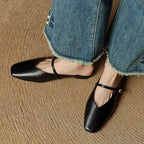 Women's Leather Mary Jane Mules Square Toe Buckled Strap