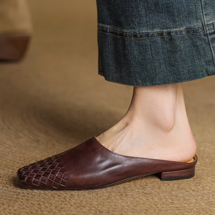 Women's Woven Leather Mules Square Toe Slip-On