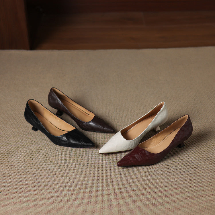 Women's Leather Kitten Heels Pointed Toe Slip-On
