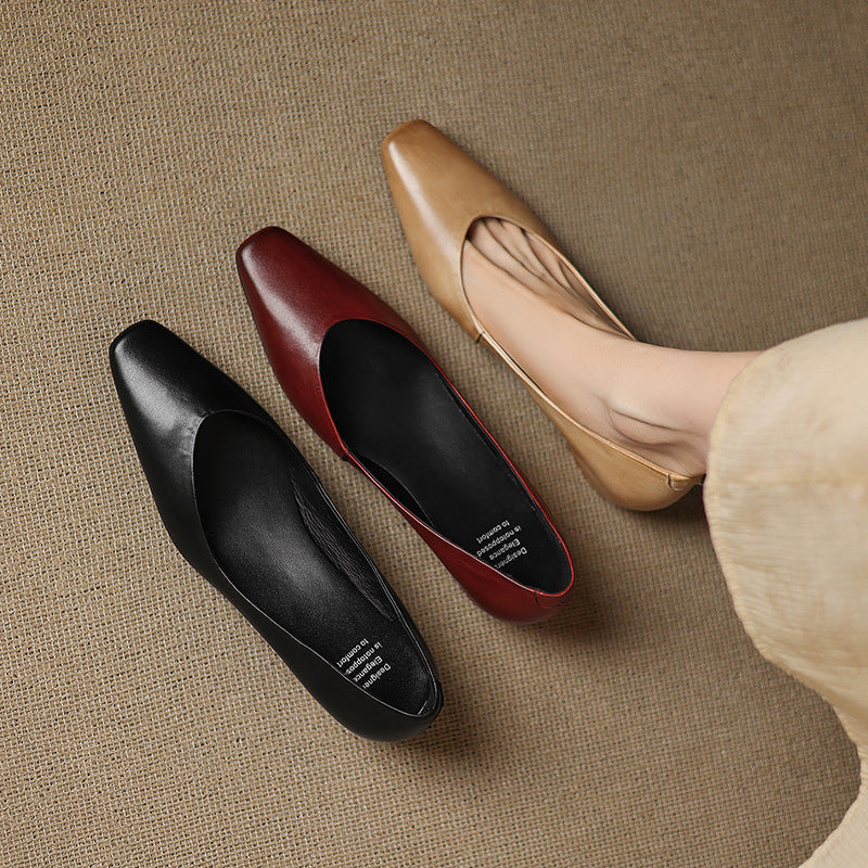 Women's Leather Flats Almond Toe Hidden Wedge Slip-On
