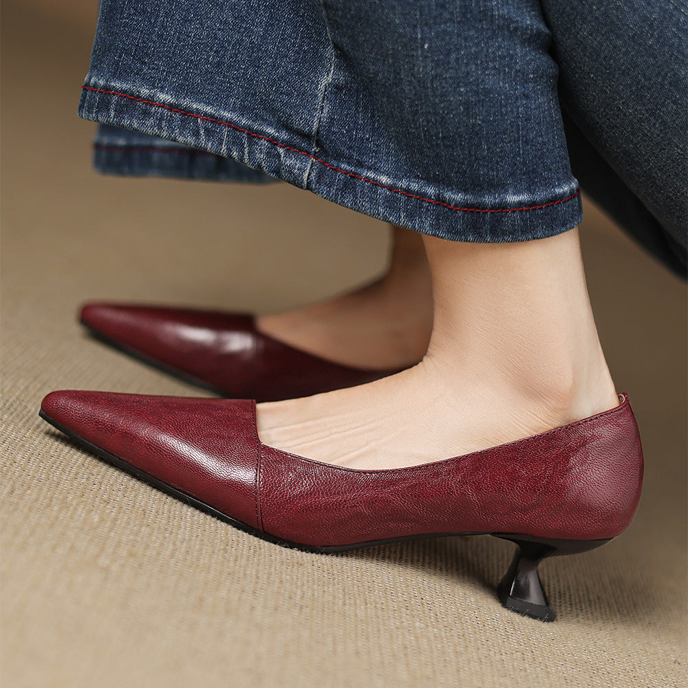 Women's Leather Pumps Pointed Toe Kitten Heel