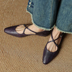 Women's Leather Ballet Flats Almond Toe Cross-Strap Wedge
