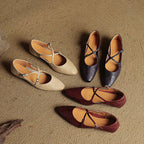 Women's Leather Ballet Flats Almond Toe Cross-Strap Wedge