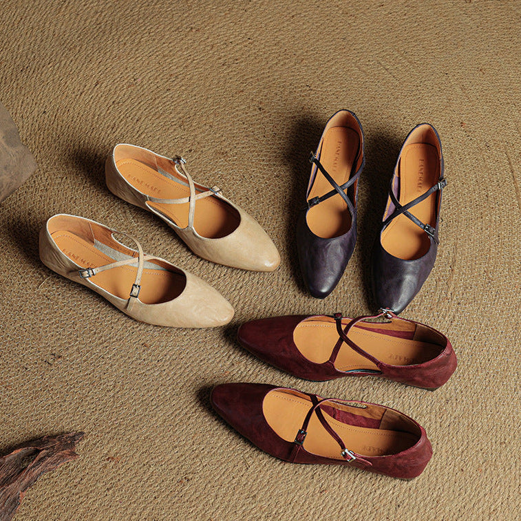 Women's Leather Ballet Flats Almond Toe Cross-Strap Wedge
