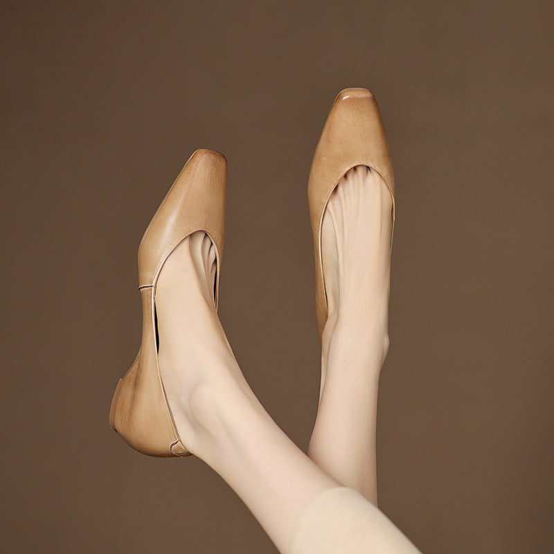 Women's Leather Flats Almond Toe Hidden Wedge Slip-On