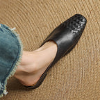 Women's Woven Leather Mules Square Toe Slip-On