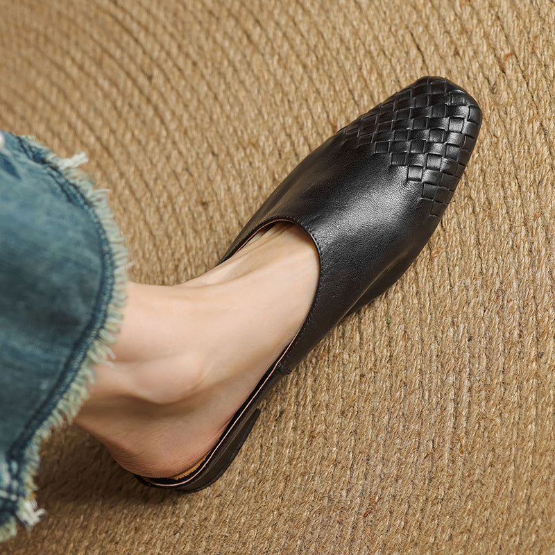 Women's Woven Leather Mules Square Toe Slip-On