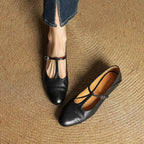 Women's Leather Brogue Flats T-Strap Buckle Lace-Up