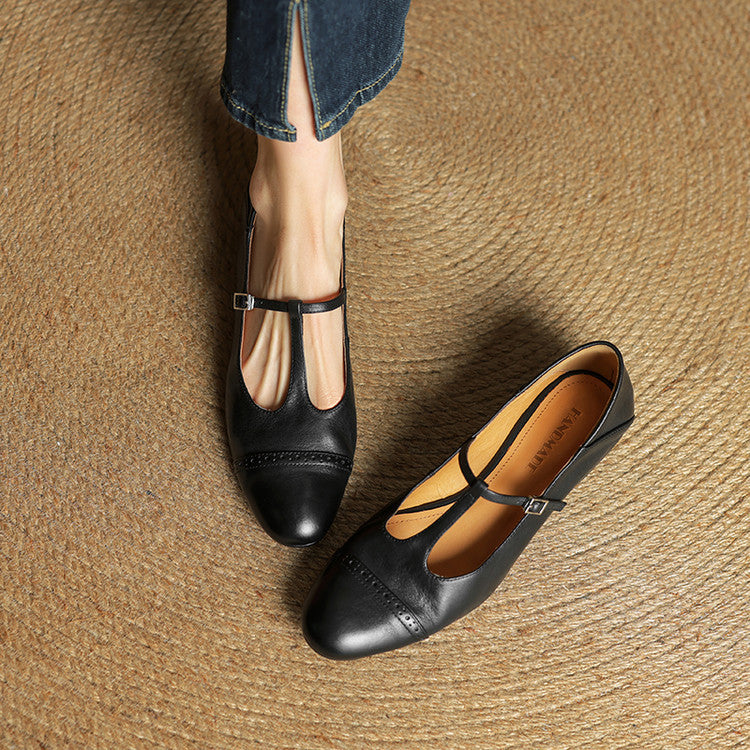 Women's Leather Brogue Flats T-Strap Buckle Lace-Up