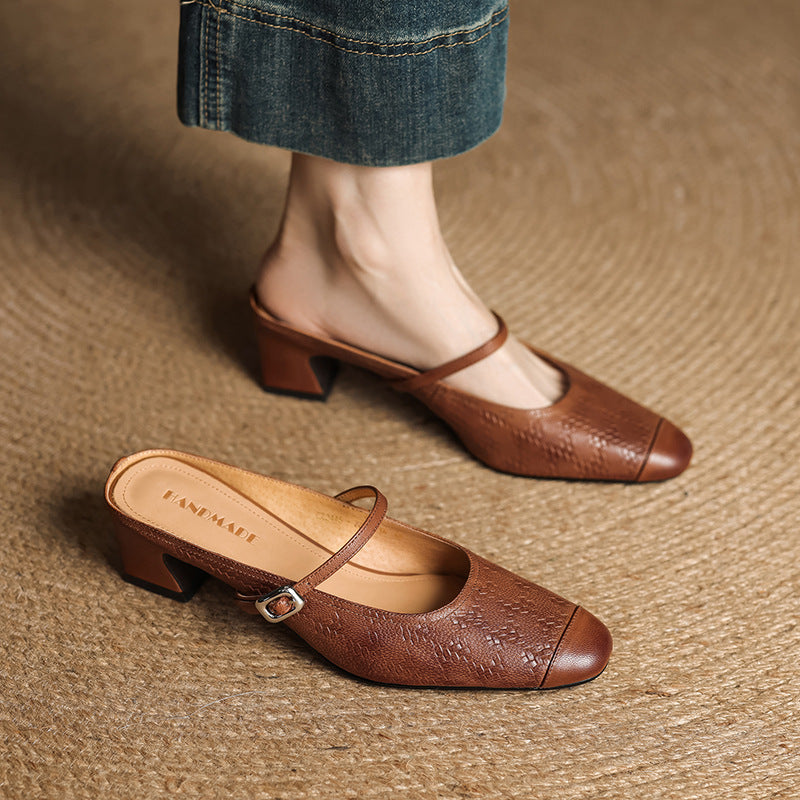 Women's Leather Mary Jane Mules Block Heel Buckled Strap