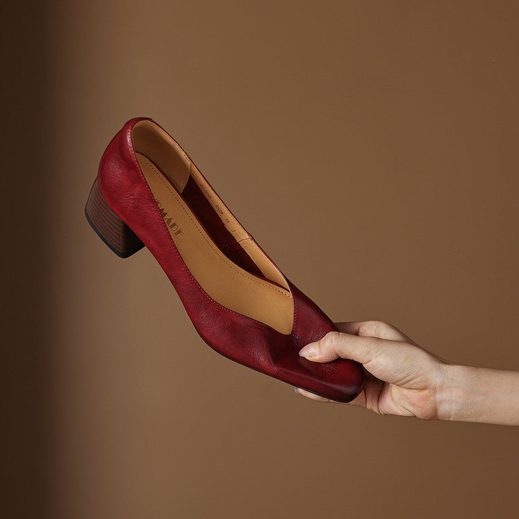 Women's Leather Pumps Sculpted Toe Block Heel Slip-On