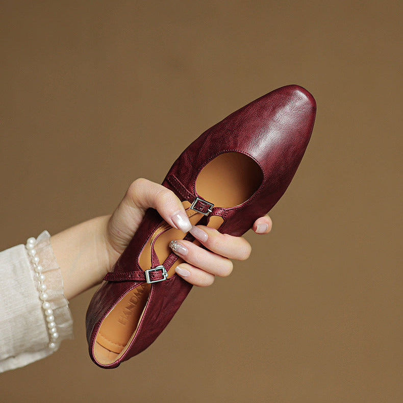 Women's Leather Ballet Flats Almond Toe Cross-Strap Wedge